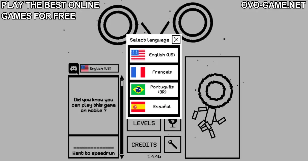 OvO Game language selection screen with English, French, Portuguese, and Spanish options