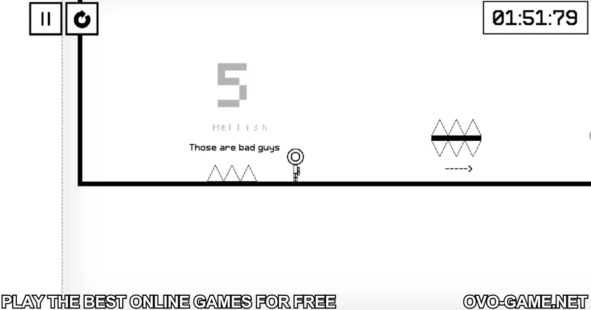 OvO Game level 5 showing spikes and traps—avoid bad guys and reach the flag safely