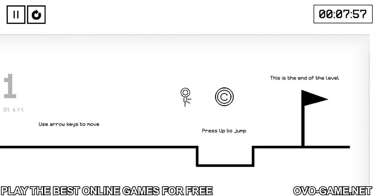 OvO Game tutorial level showing character jumping to collect coins and reach the finish flag