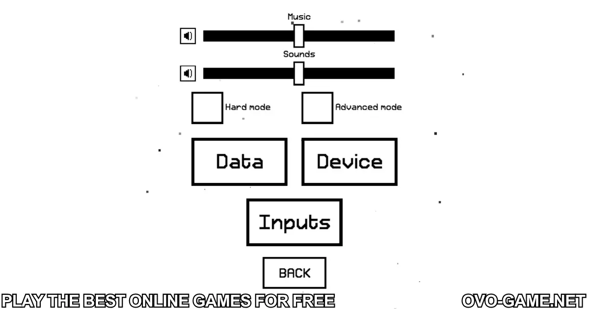 OvO Game settings screen showing music, sound, and gameplay modes including Hard and Advanced mode.