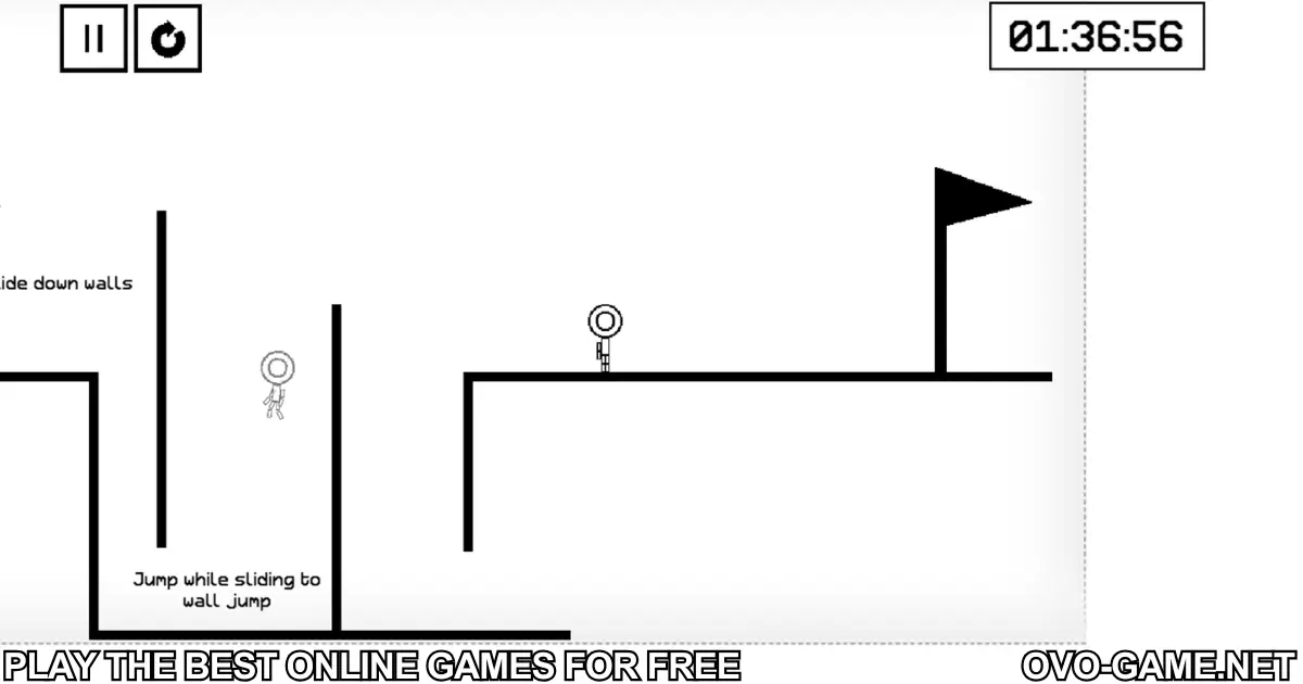 OvO Game character finishing level by sliding walls and reaching the flag