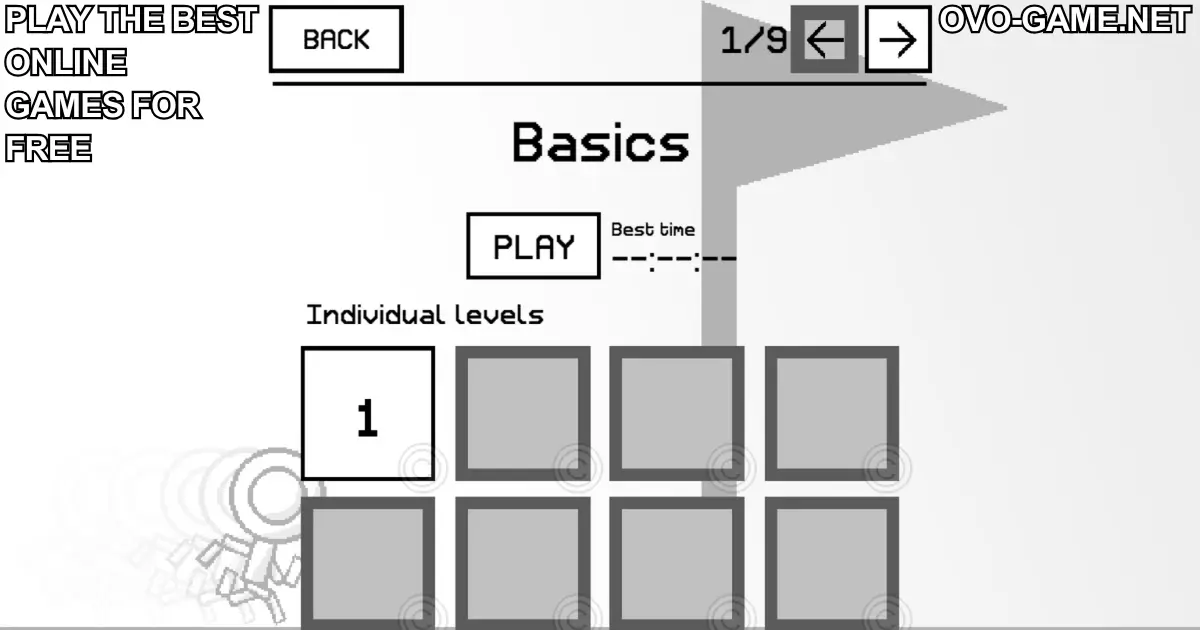 OvO Game basics menu showing the first level selection and best time display