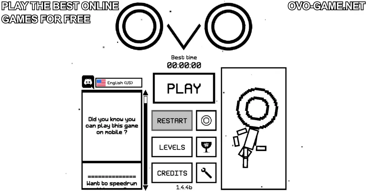 OvO Game main menu screen showing Play, Levels, and Restart buttons for the parkour platformer